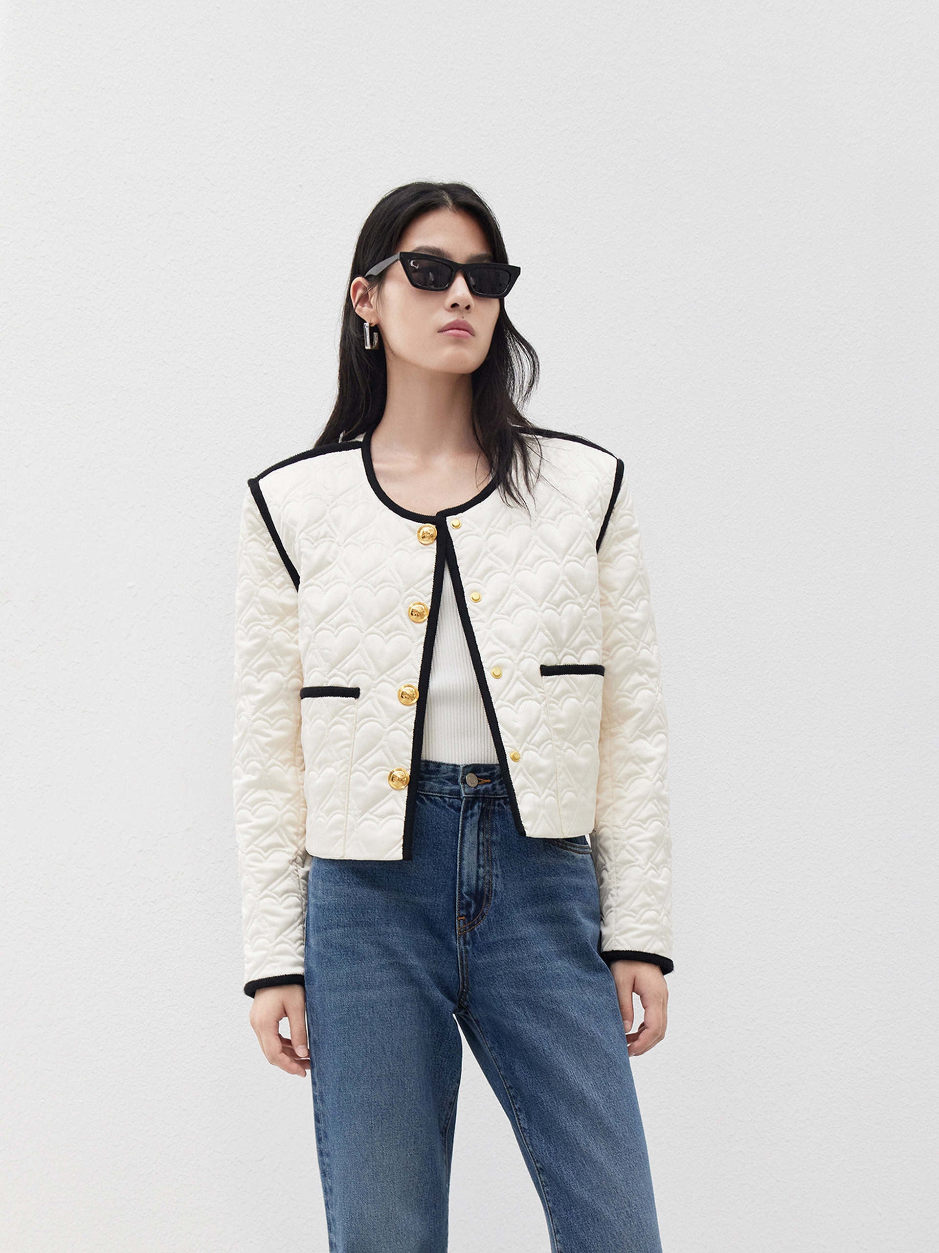 Heart Quilted Contrast Trim Cropped Jacket in Beige