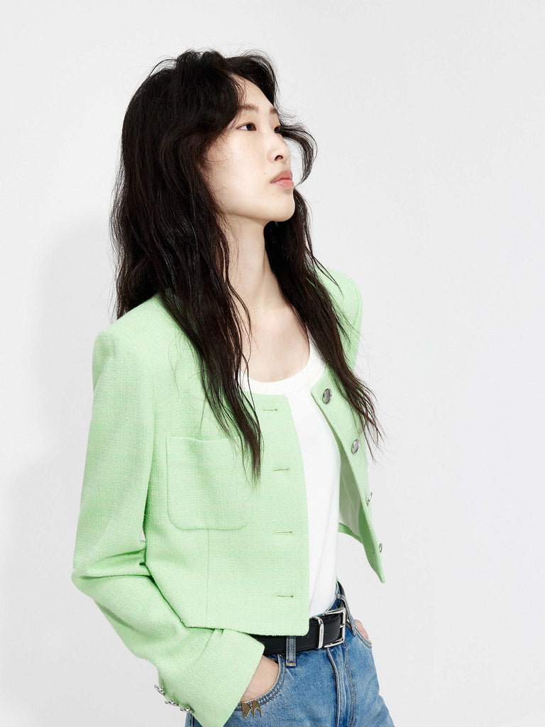 Women's Cropped Boxy Tweed Texture Green Jacket