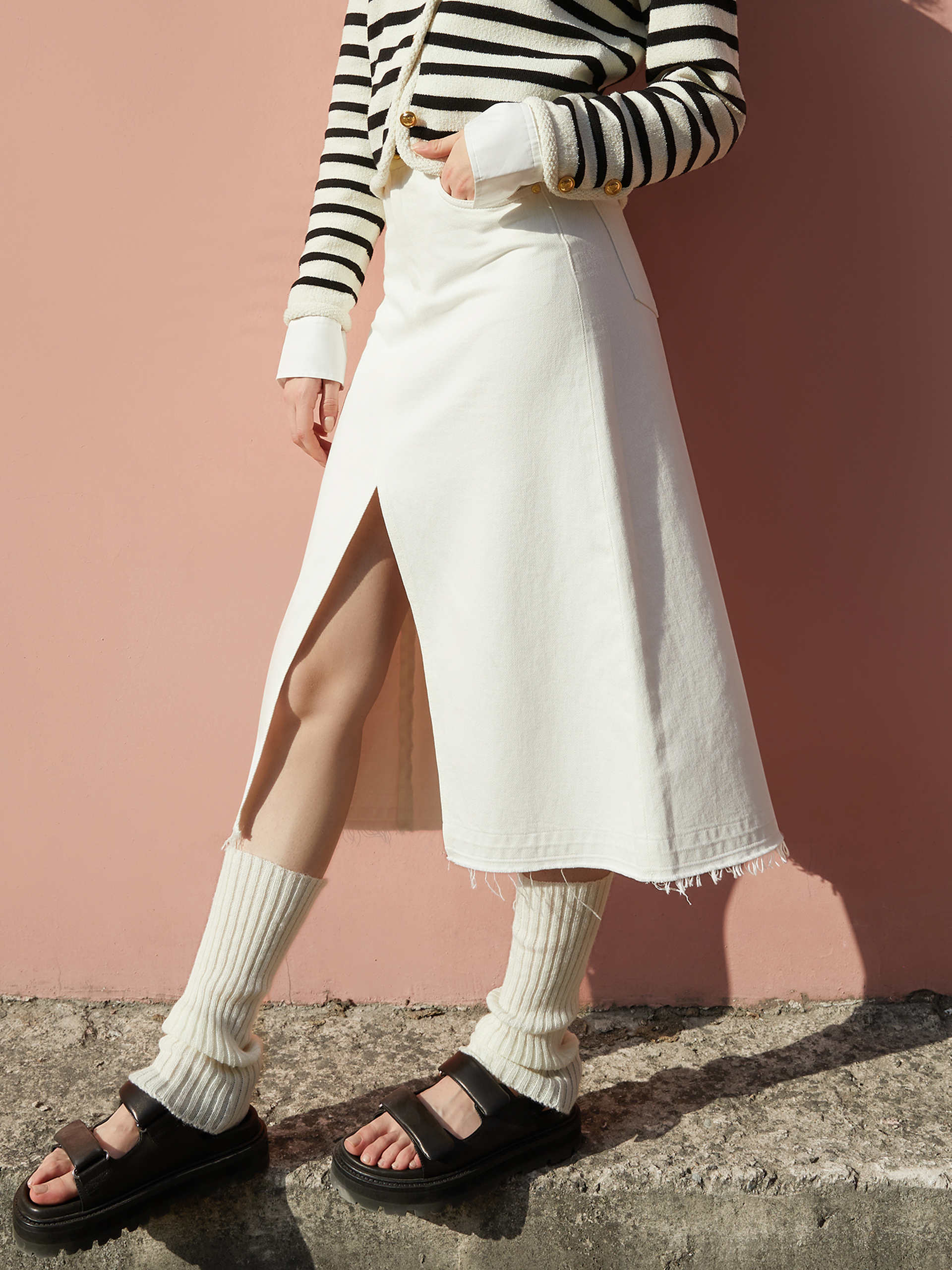 Slit Front Raw Hem White Denim Midi Skirt