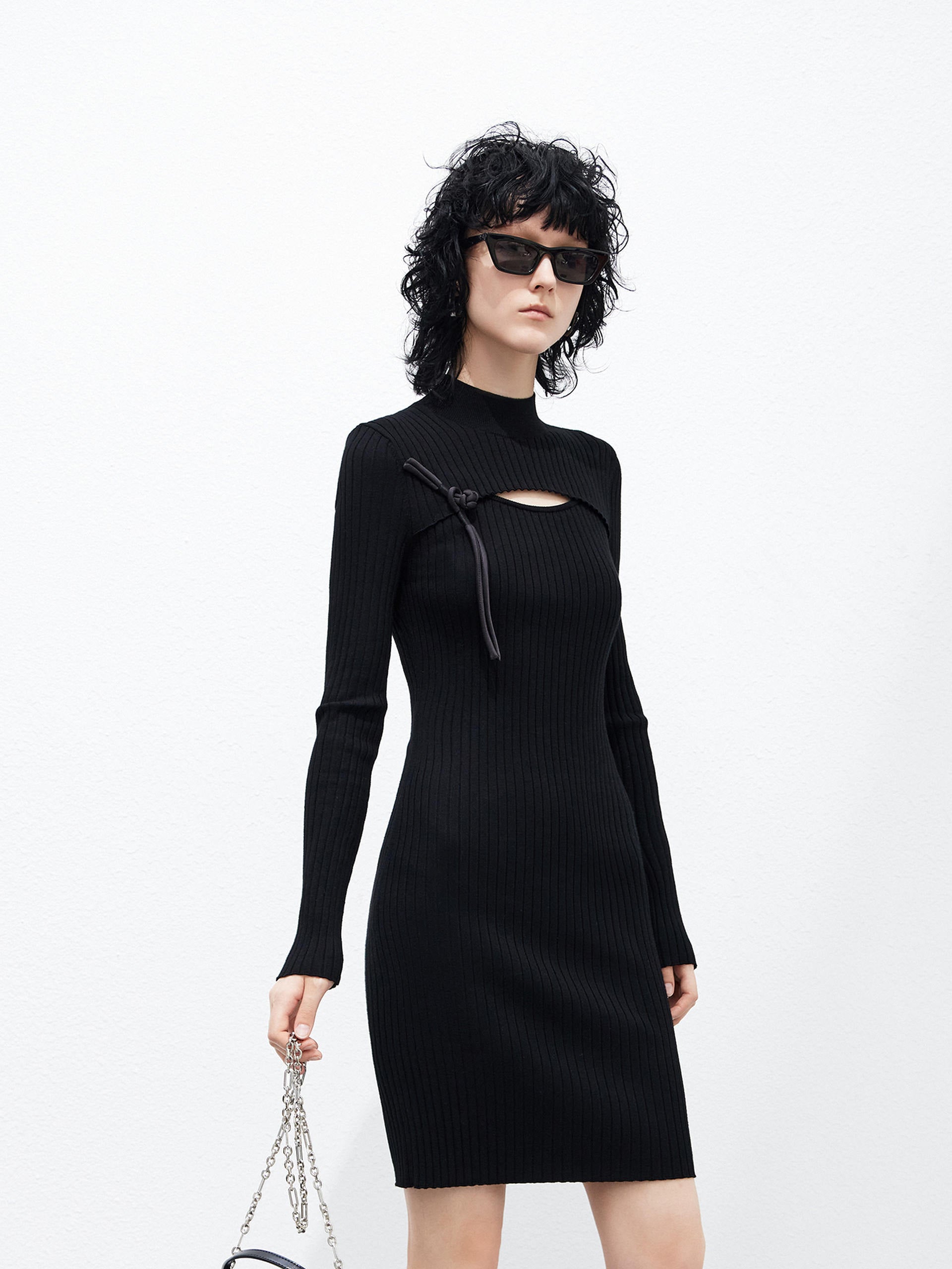 Long Sleeves Cutout Ribbed Knit Bodycon Mini Dress Black