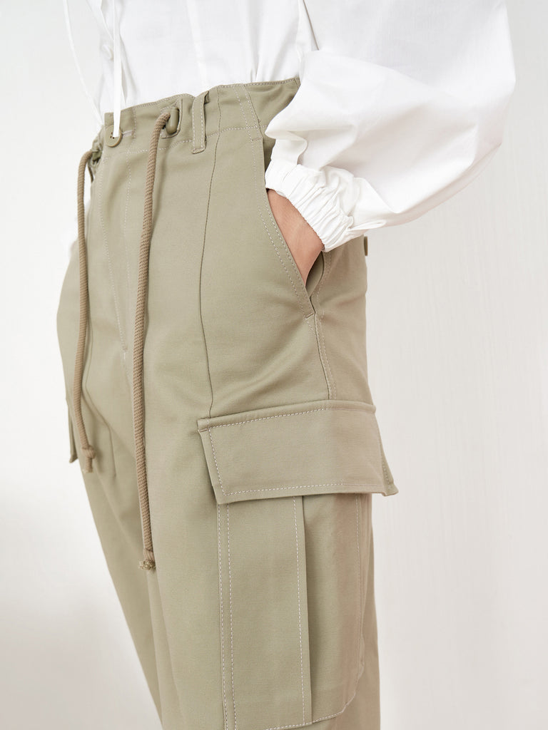 Women's Drawstring Waist Casual Cargo Pants in Olive