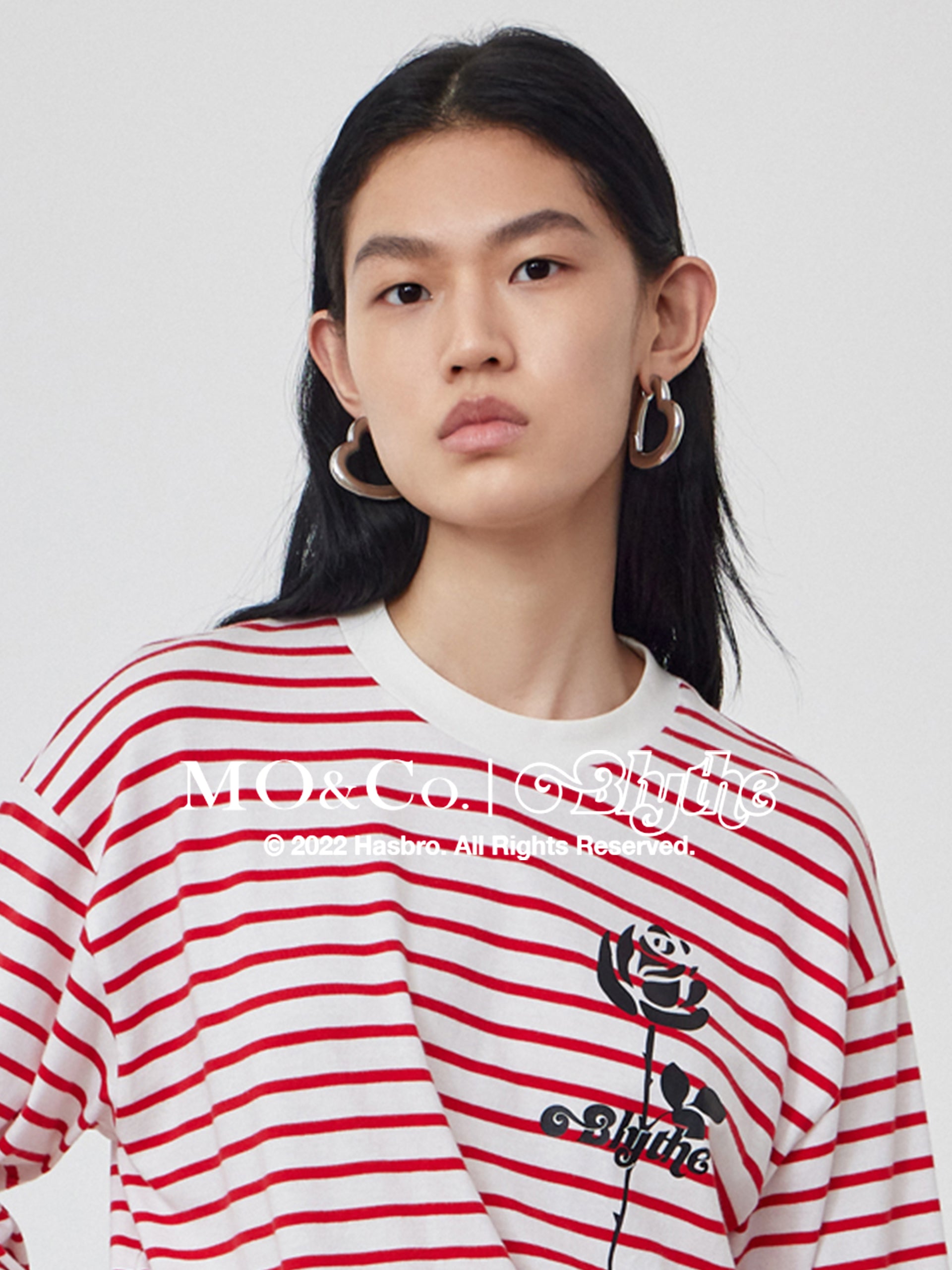 MO&Co.｜Blythe Collaboration Striped Rose Print Cotton T-Shirt Loose Casual Round Neck  Striped T Shirt