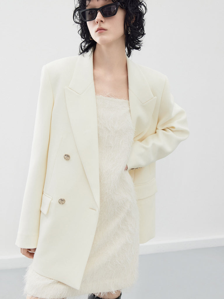 Wool blend Structured Double Breasted Blazer in White