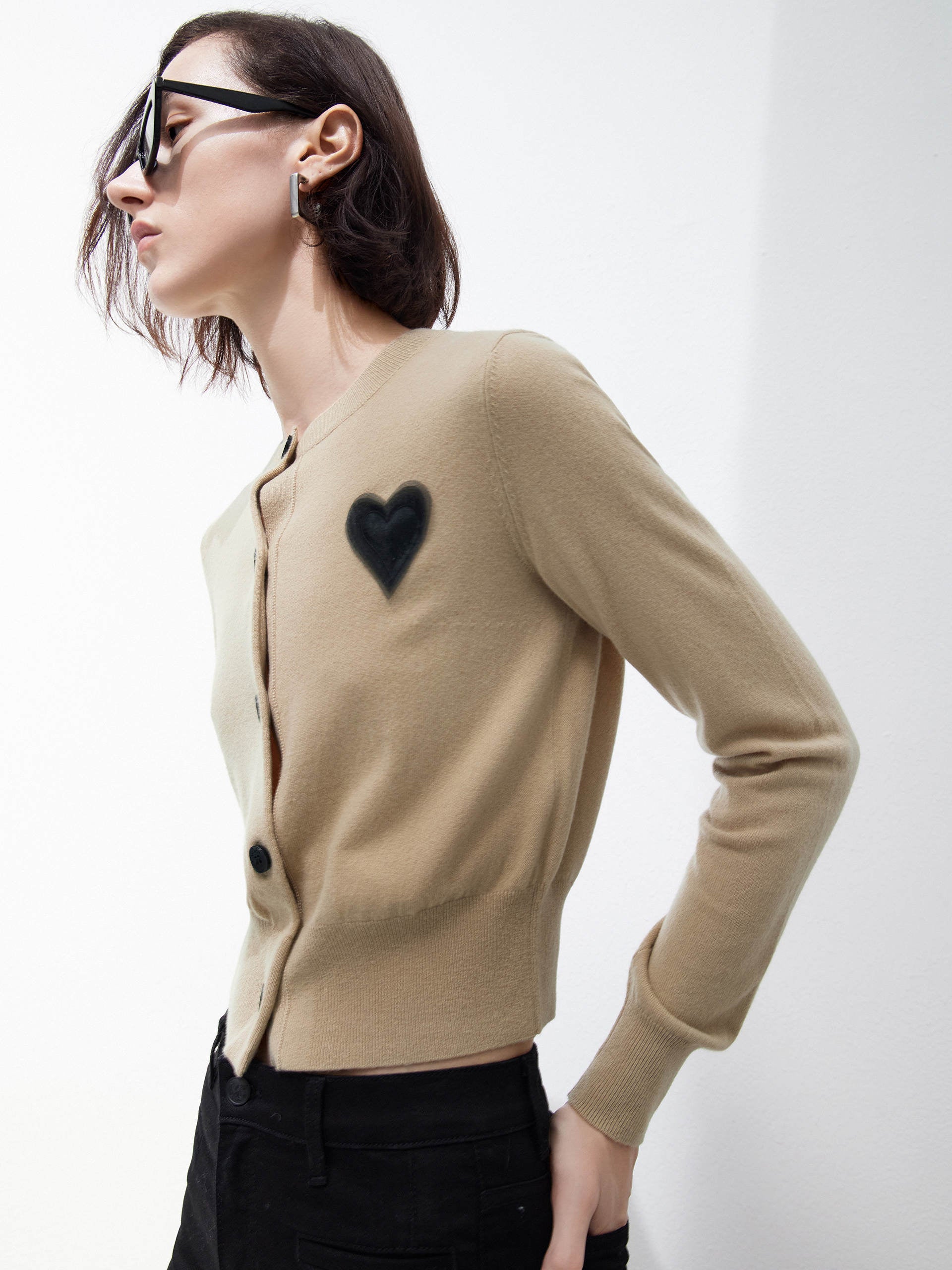 Heart Pattern Wool Cashmere Blend Knit Cardigan in Camel