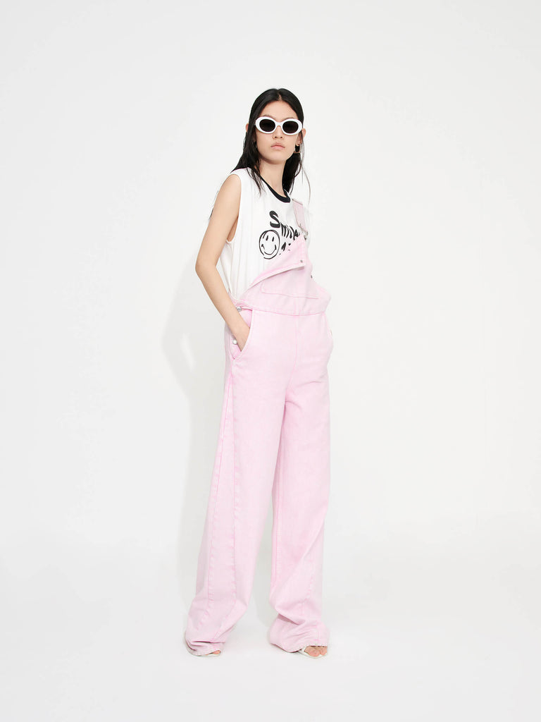 MO&Co. Women's Cargo Light Pink Denim Jumpsuit with Wide-leg and Full length