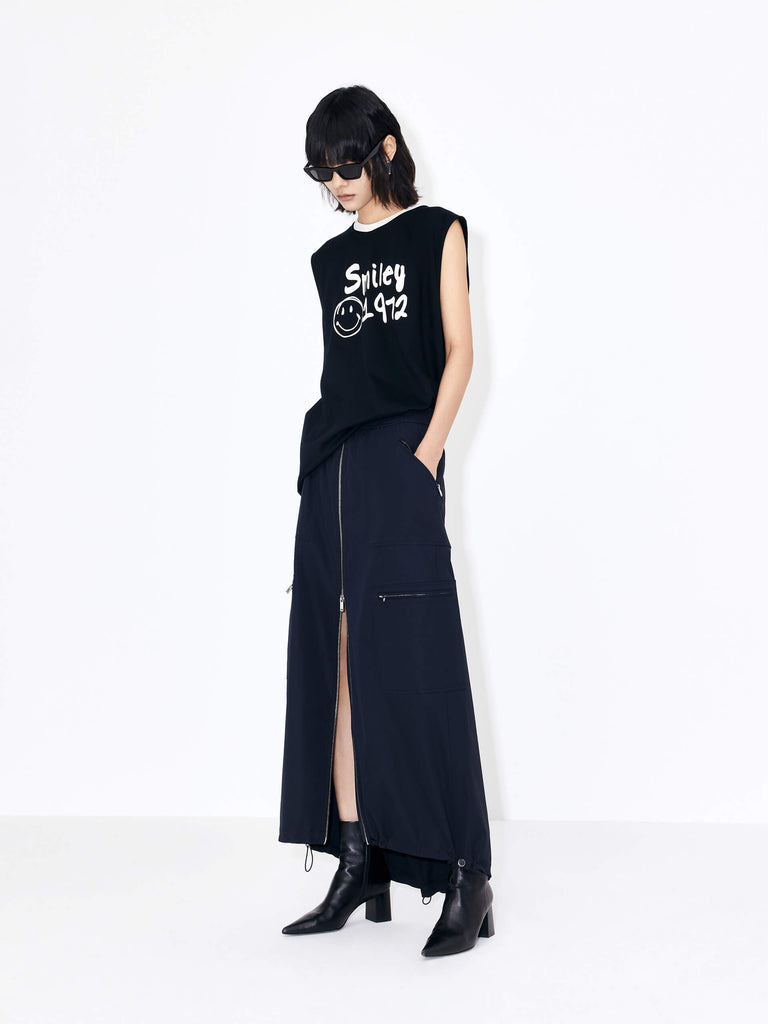 MO&Co. Women's Front Zipper Elastic Waist Y2K Cargo Gorpcore Maxi Skirt in Black