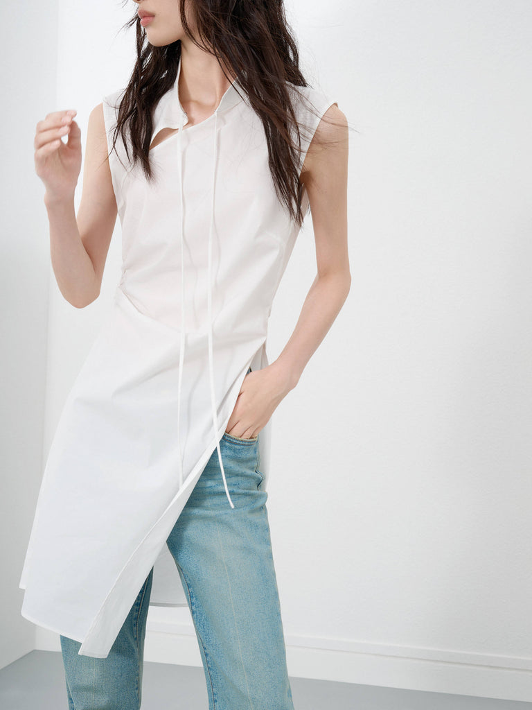 Women's Pleated Slit Oriental Style Sleeveless Top in White