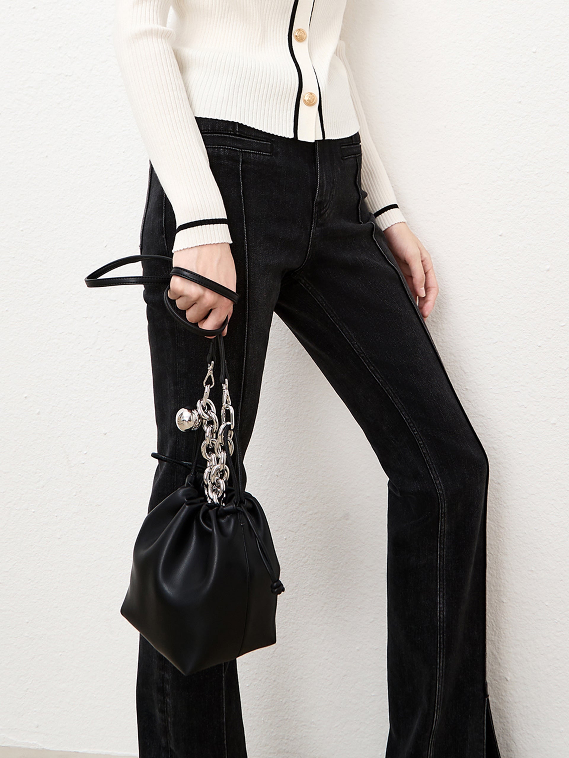 Black Straight Front Slit Jeans