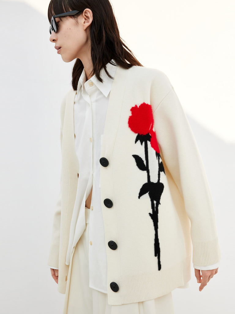 Rose Embroidered and Jacquard Wool Cardigans in Beige