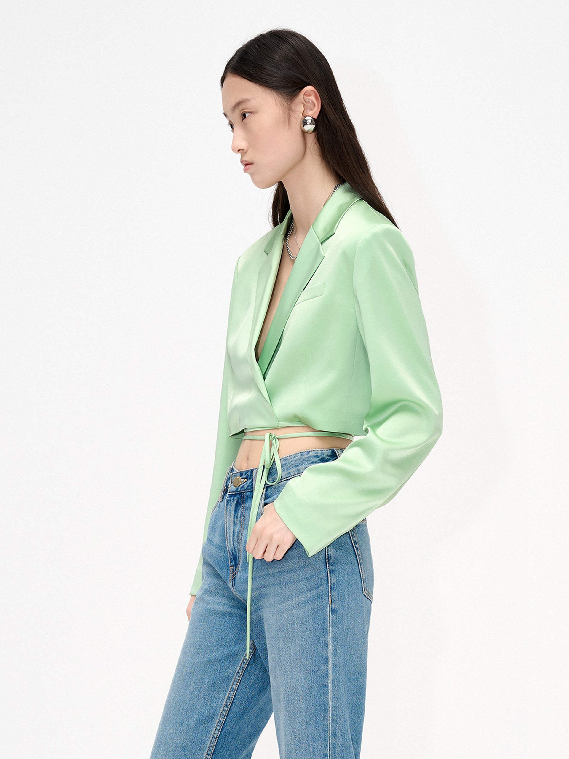 MO&Co. Women's Strap Details Satin Cropped Blazer in Mint