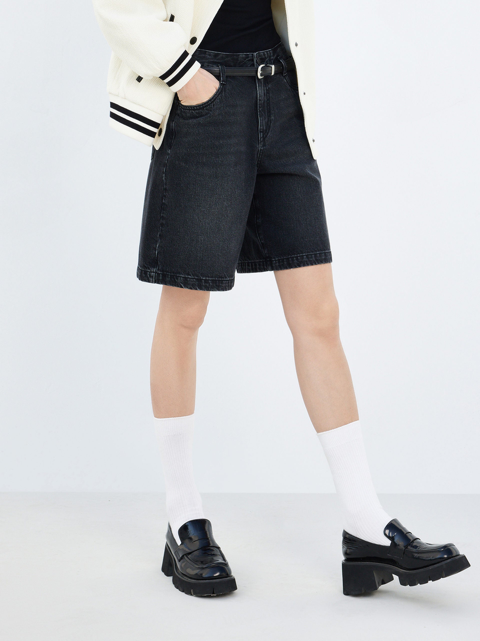 High Rise Black Cotton Denim Shorts