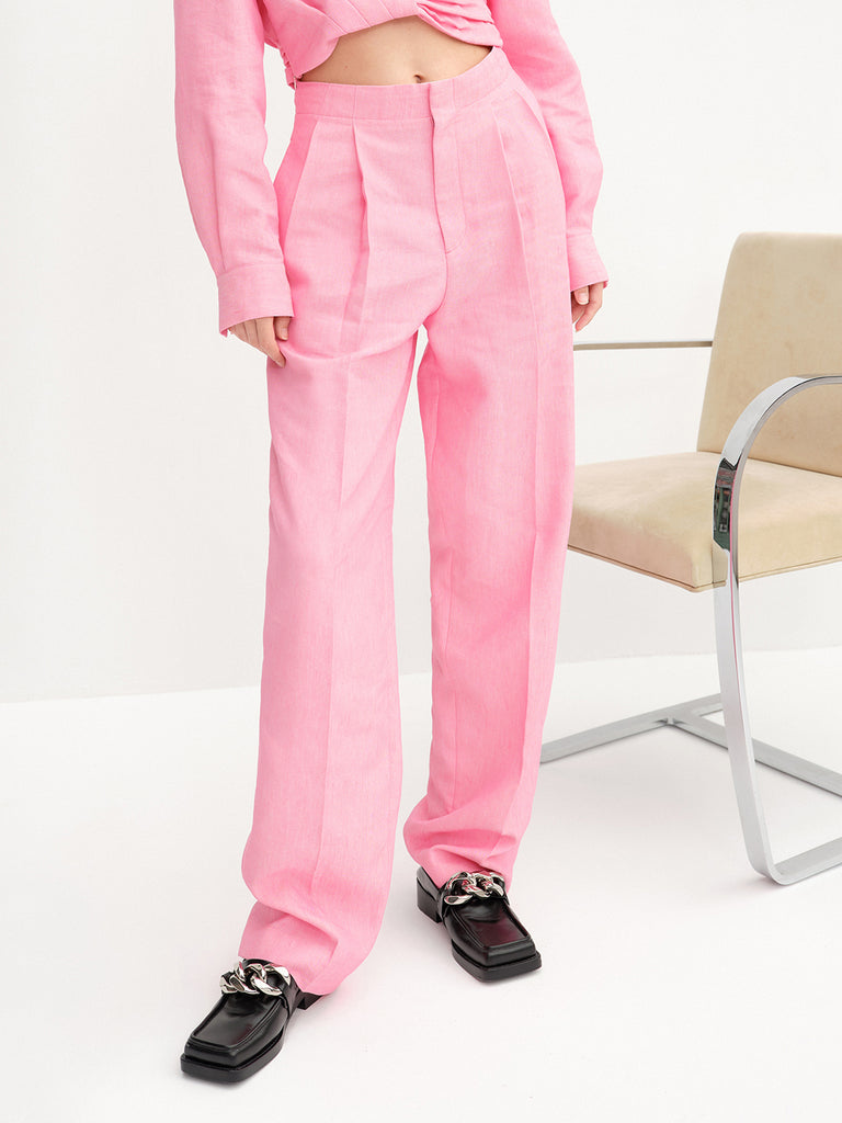Women's Linen Blend High-rise Wide Leg Suit Pants in Pink