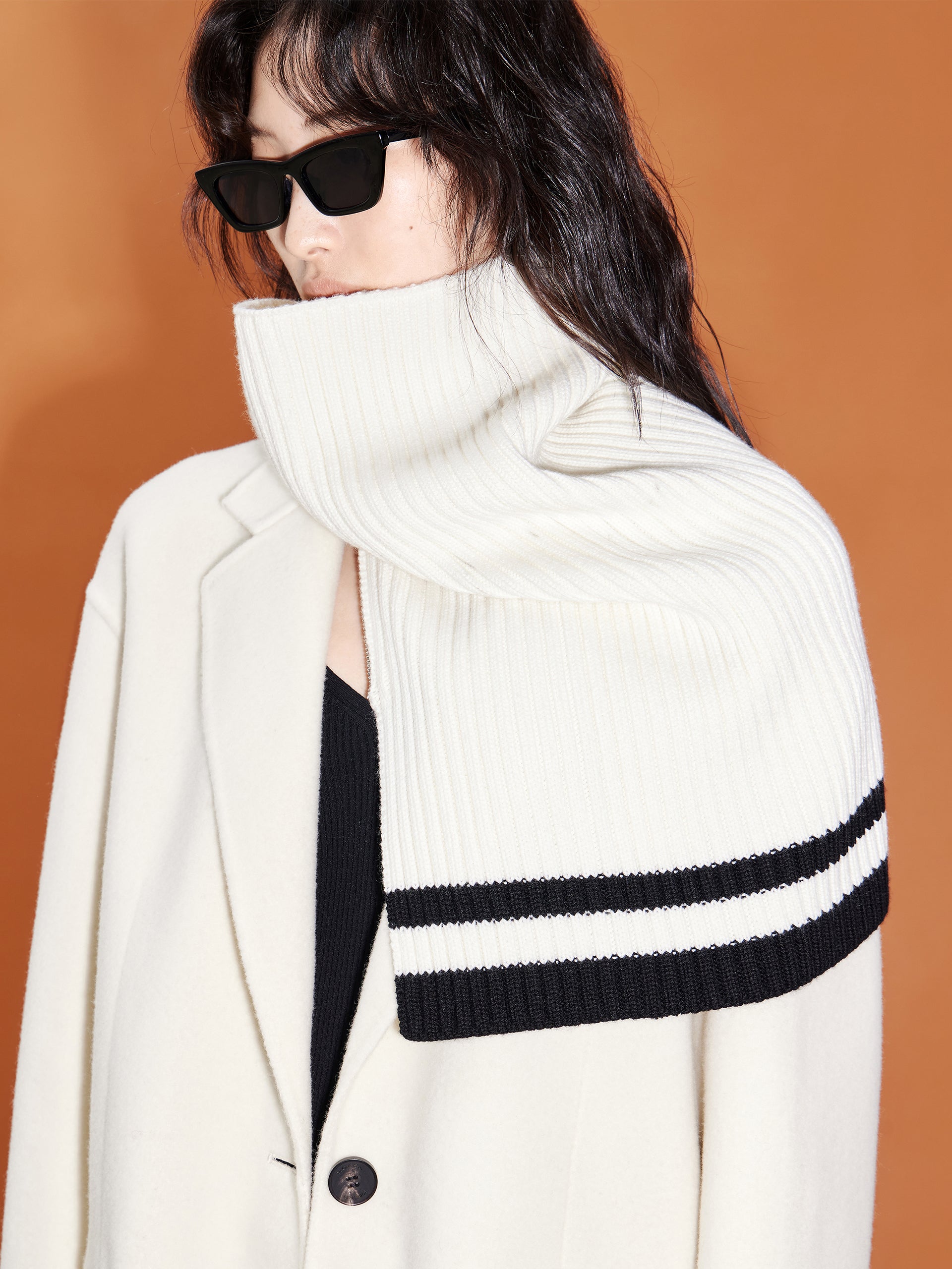 White Wool Midi Coat with Scarf