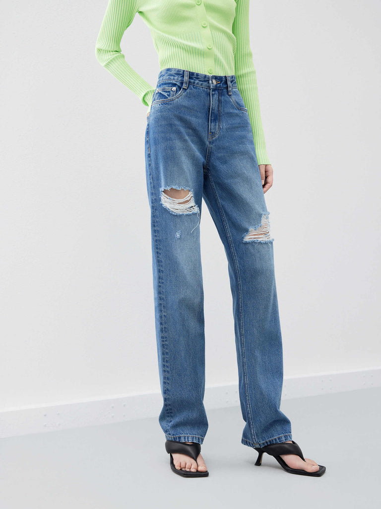 Women's Cotton Ripped Straight Blue Jeans