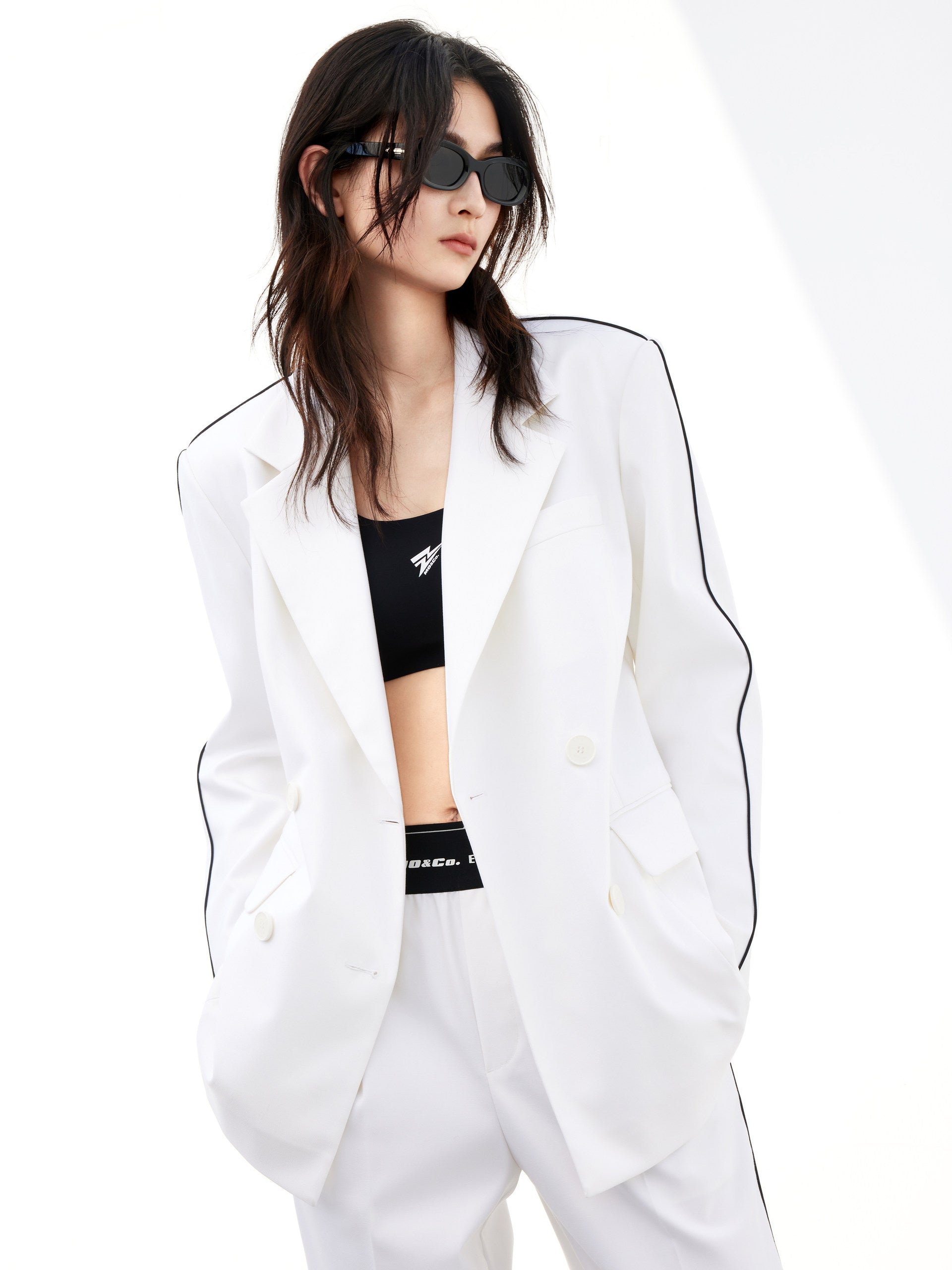 Double Breasted Structured Athleisure Style Blazer in White