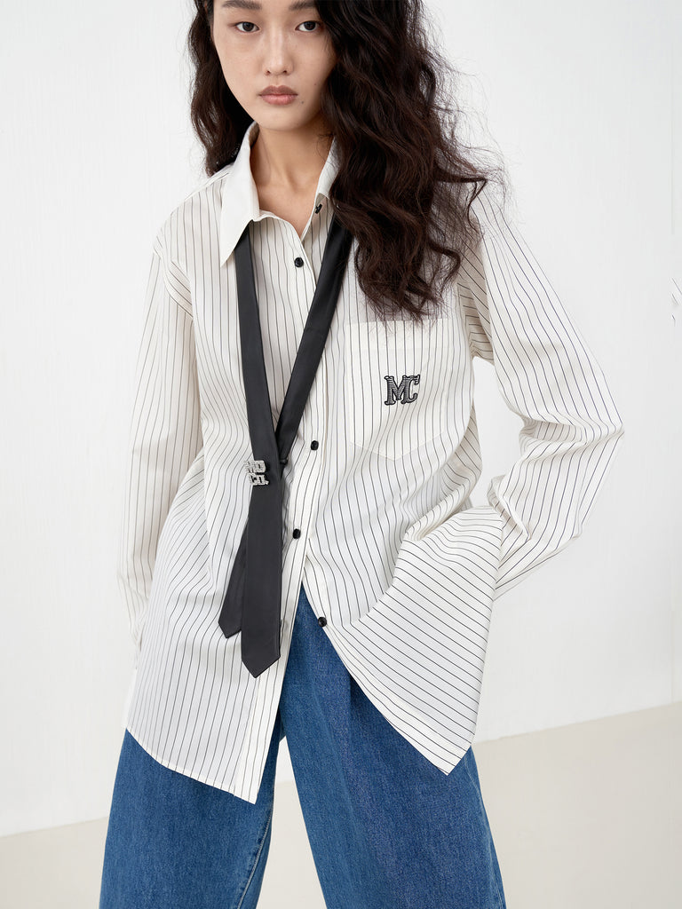 Women's Striped Silk Blend Loose fit Shirt in White