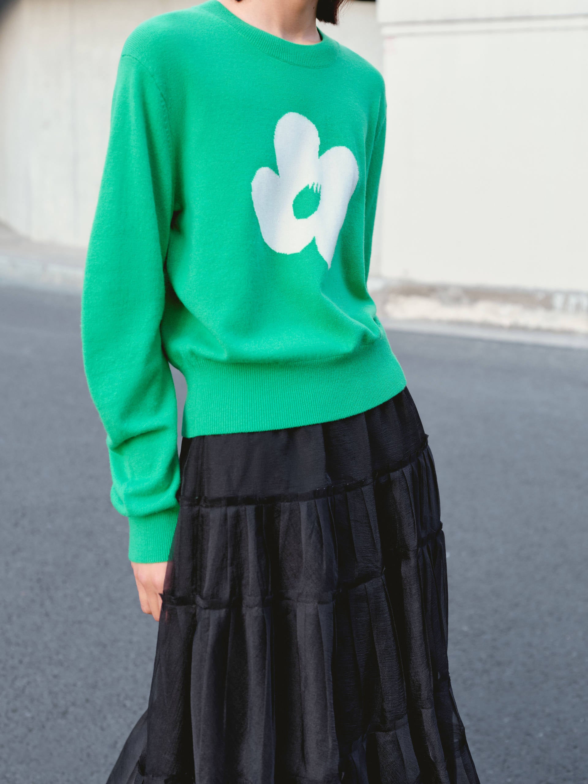 Layered Ruffled Tulle Midi Skirt in Black