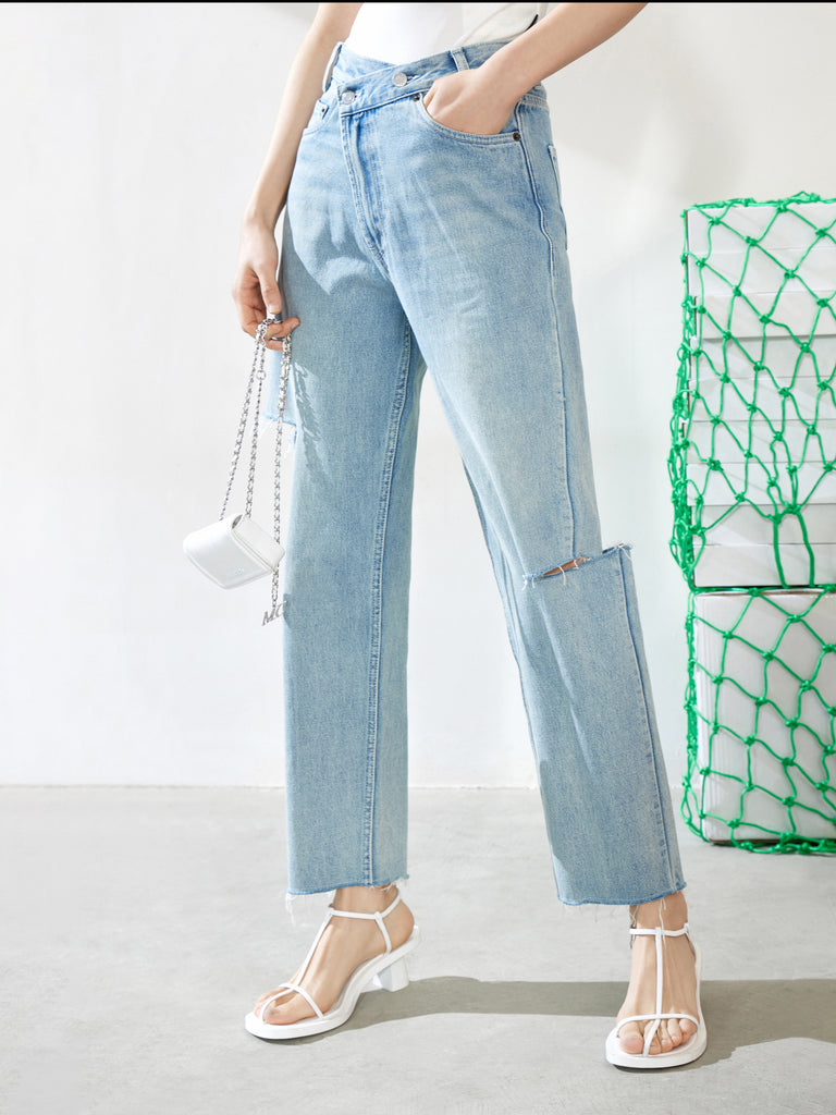 Women's Ripped Irregular Waistband Jeans