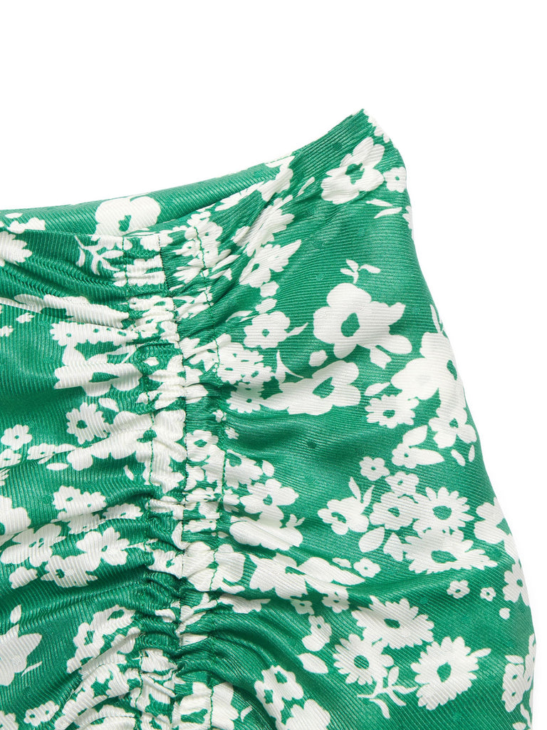 Women's Silk Blend Pleated Floral Print Green Midi Skirt