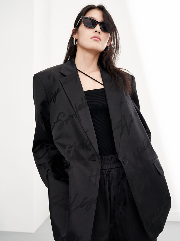  Women's Tailored Loose-fitting Jacquard Letter Blazer in Black
