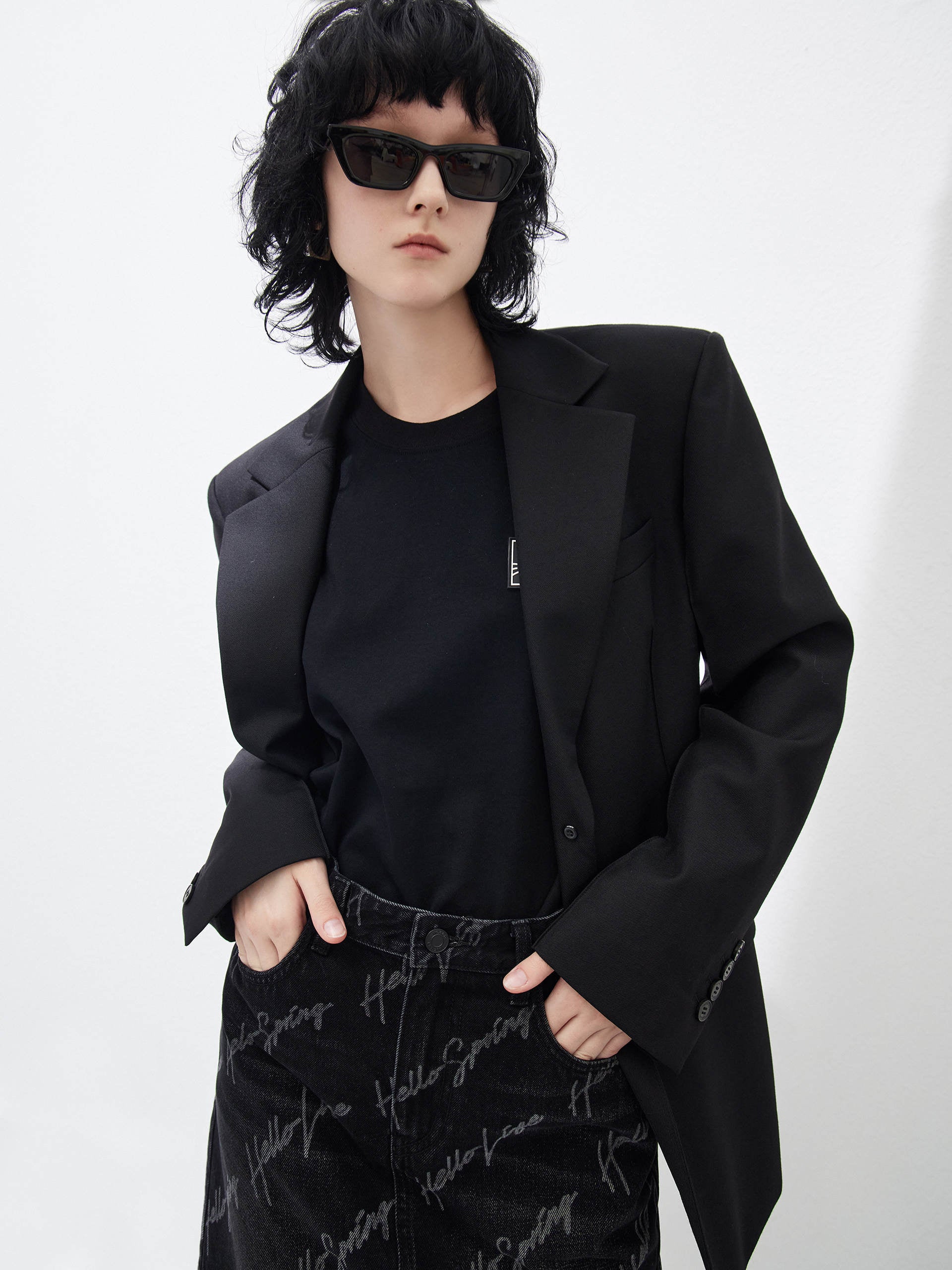 Wool Blend Wool Blend Tailored Slim Fit Waisted Blazer in Black