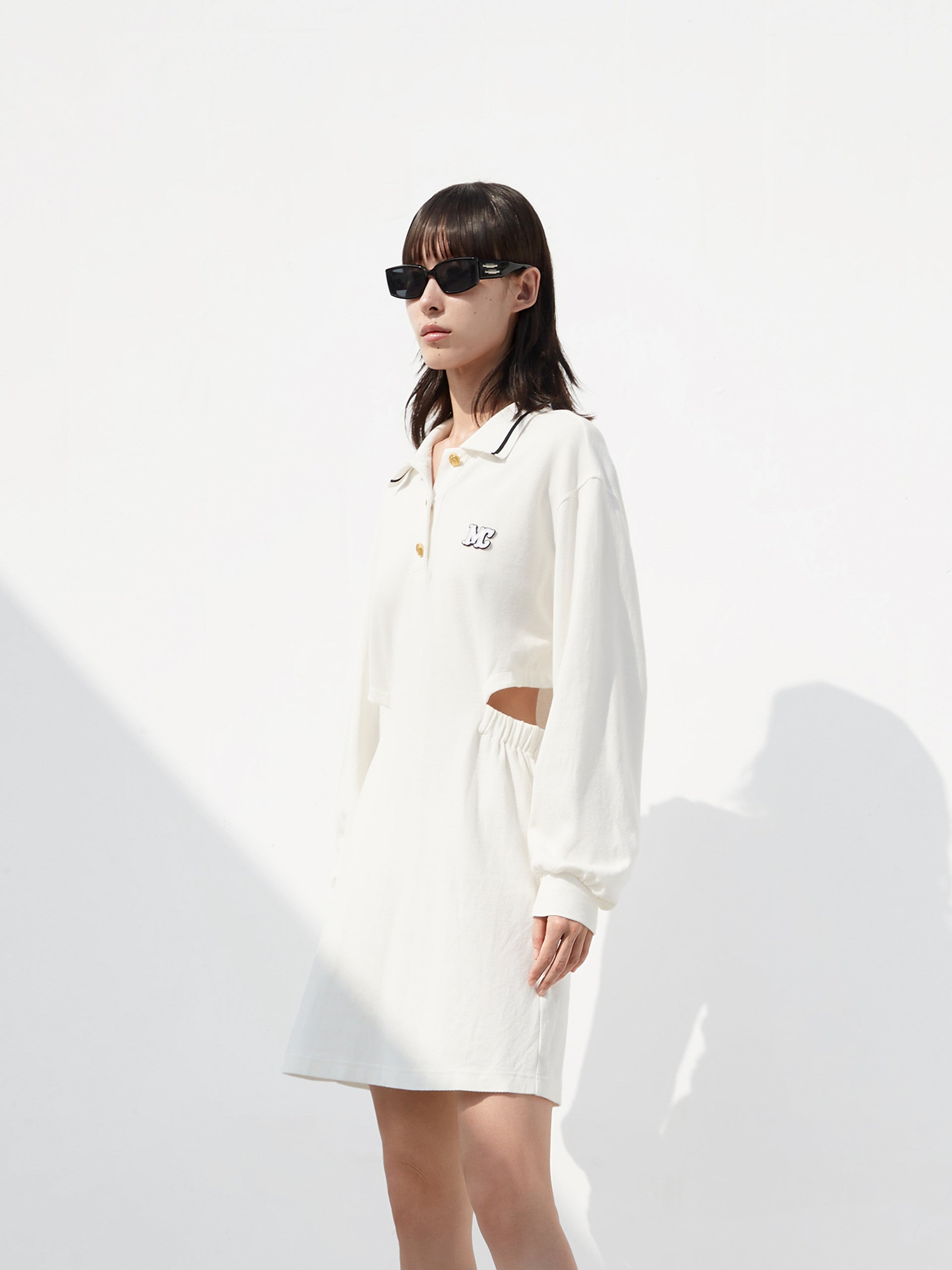 Cutout Waist Causal Cotton Mini Dress with Polo Collar in White