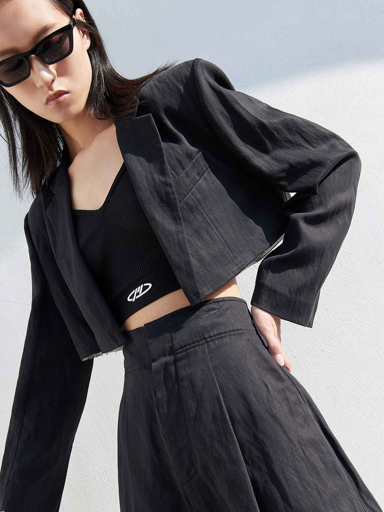 MO&Co. Women's Linen-blend Crop Blazer Cool Fitted Ladies Cropped Blazer