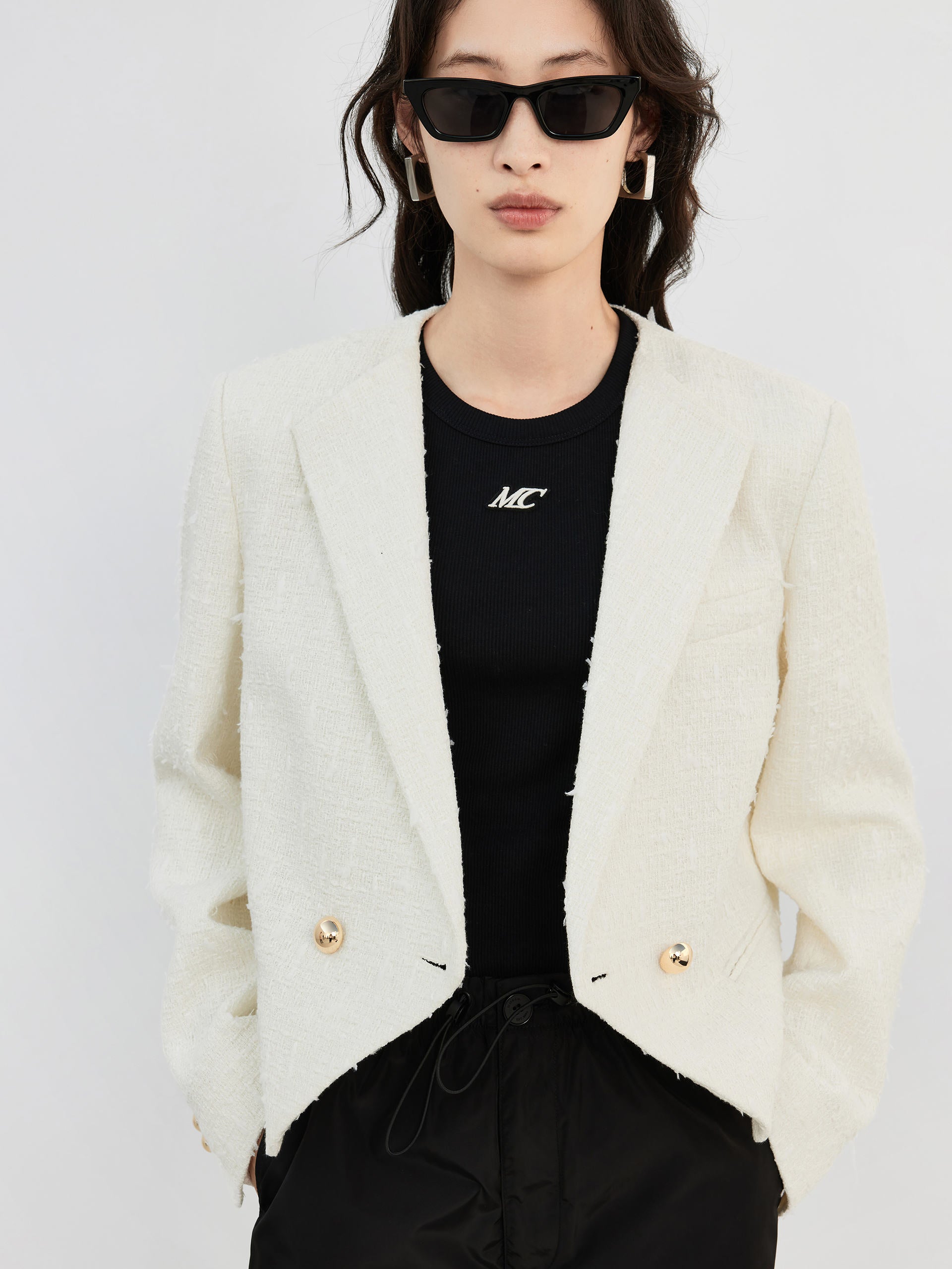 Textured Cropped Tweed Jacket in Beige