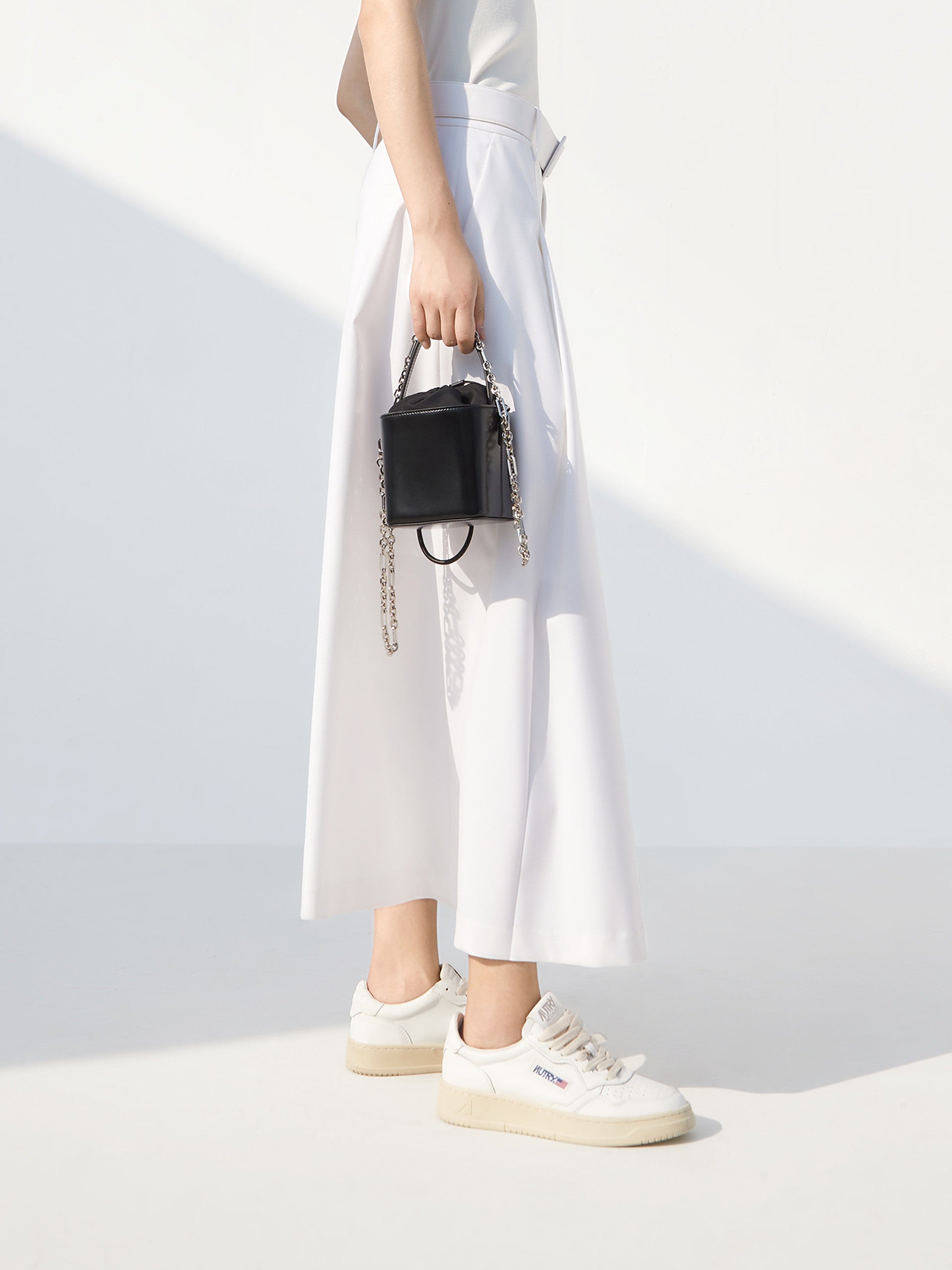 High Waist A Line Midi Skirt with belt in White