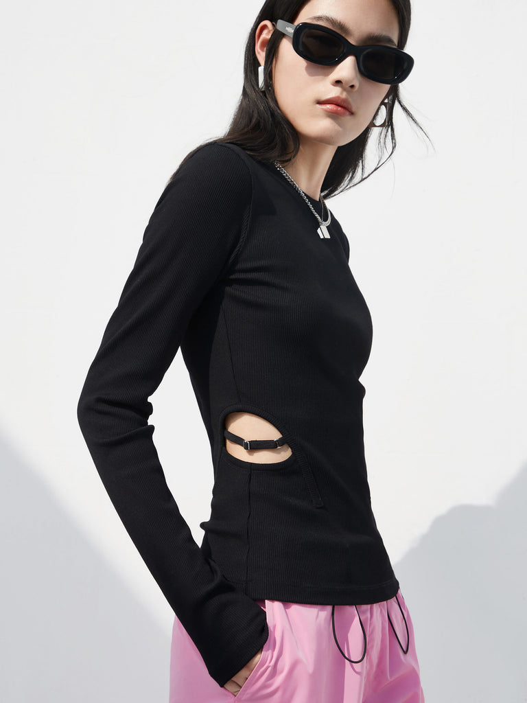 Black Long Sleeves Waist Cutout Slim Fit T-Shirt