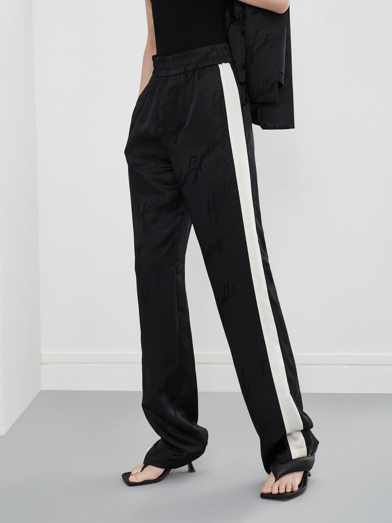 Women's Silk Blend Jacquard Casual Athleisure Wide-leg Pants in Black