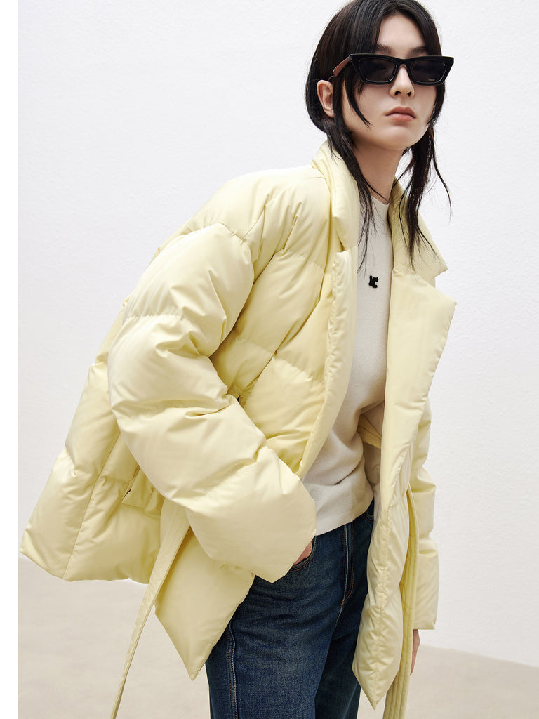 Yellow Lapel Collar Puffer Down Jacket with Belt