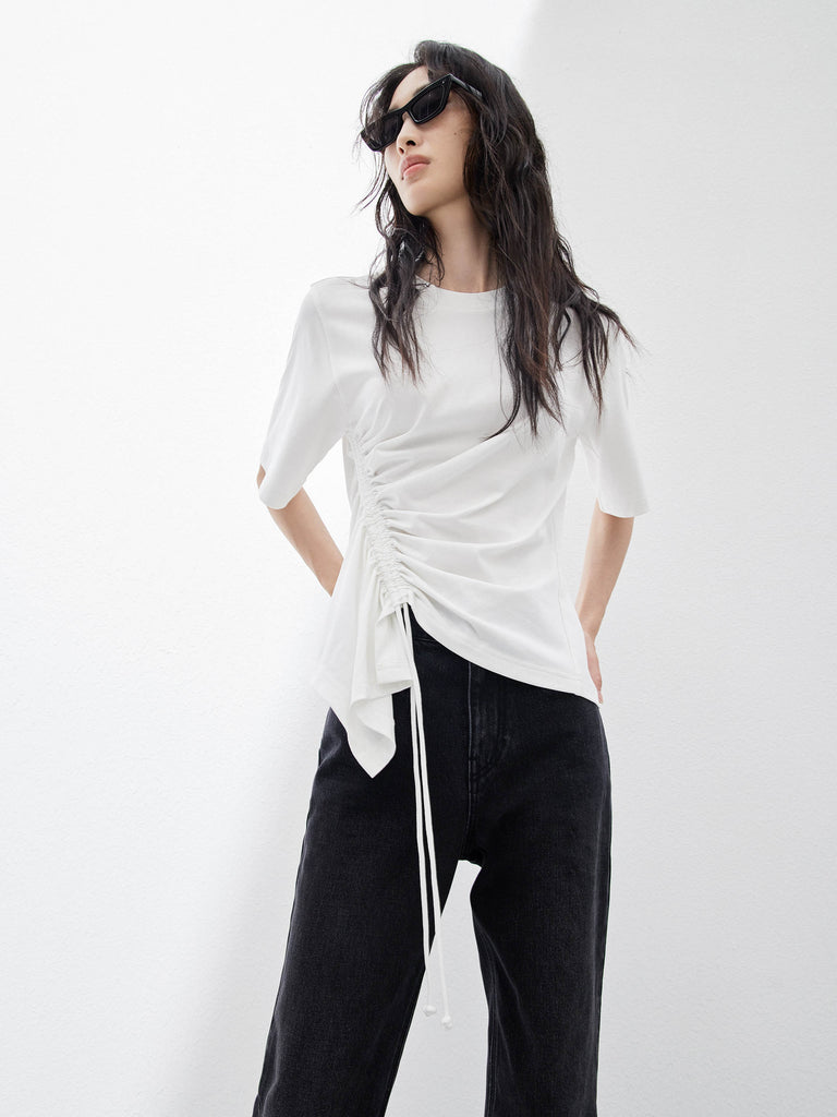 Women's Pleated Asymmetrical Hem Cotton T-shirt with Drawstring in White