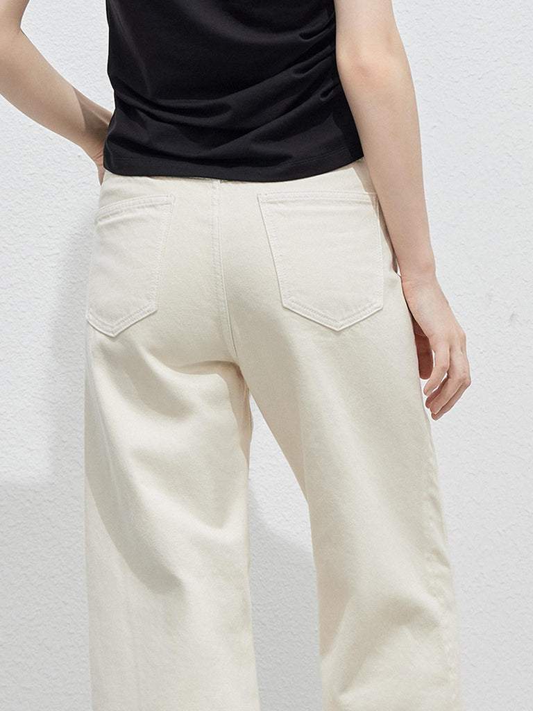 Women's Seam Details Wide Leg Mid-rise White Jeans