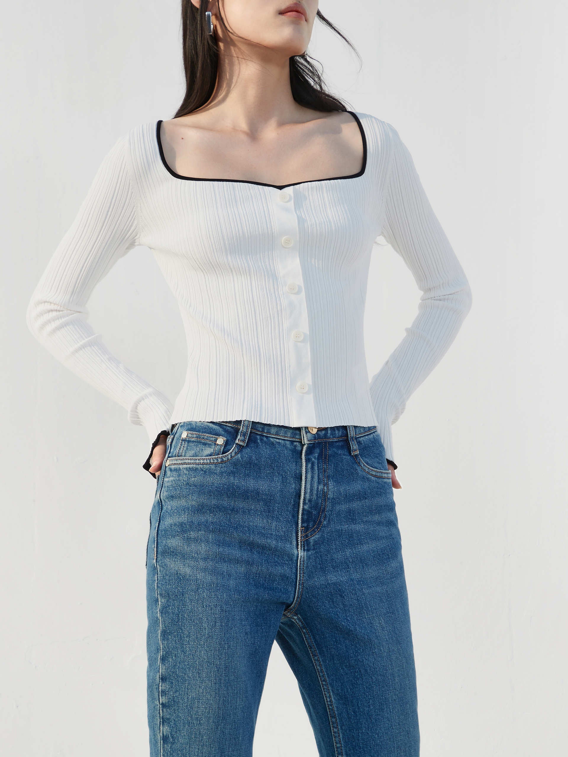 Heart Neckline Ribbed Slim Fit Knitted Top in Beige