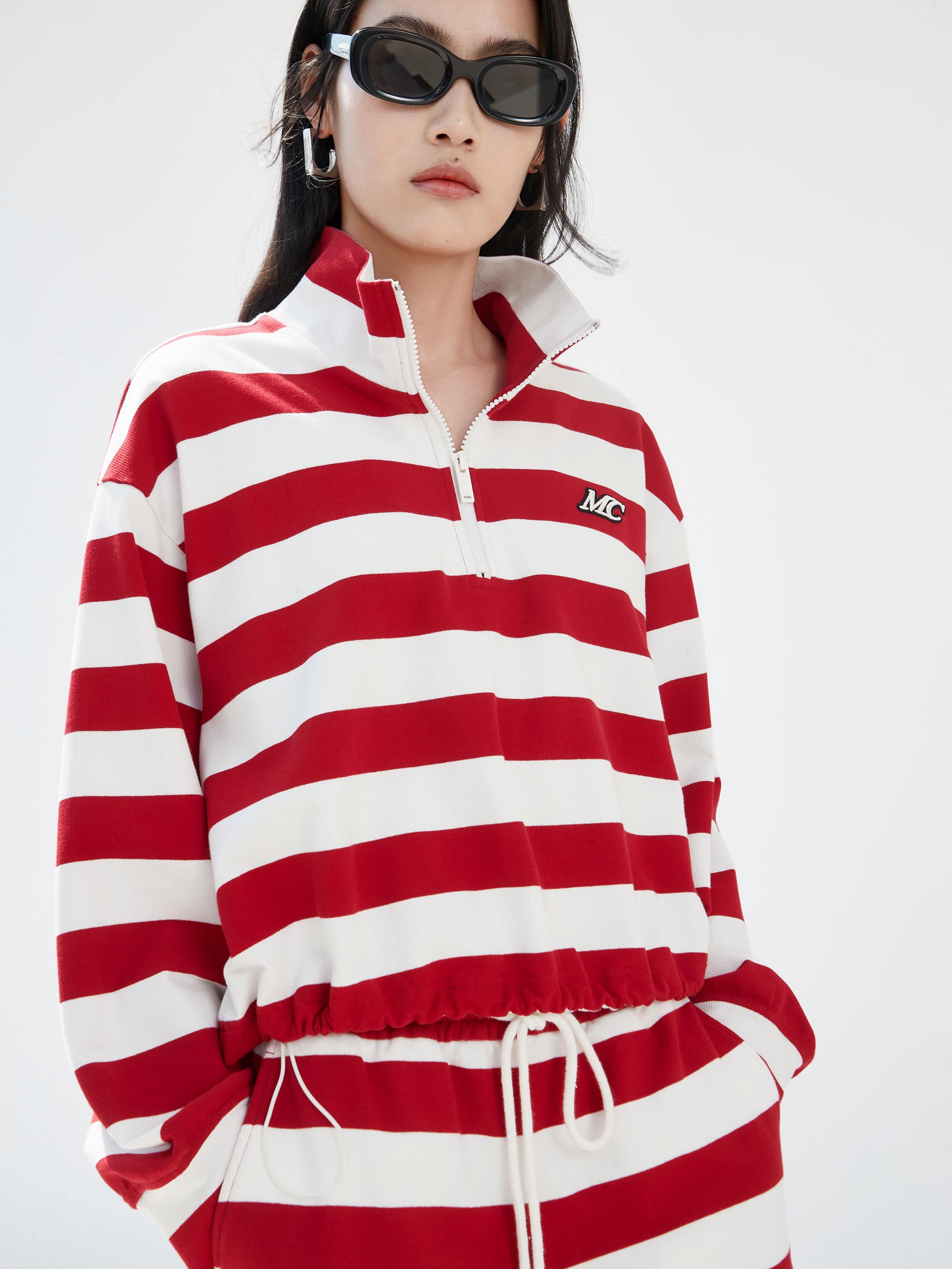 Red Striped Logo Cotton Athleisure Long Sleeves Top