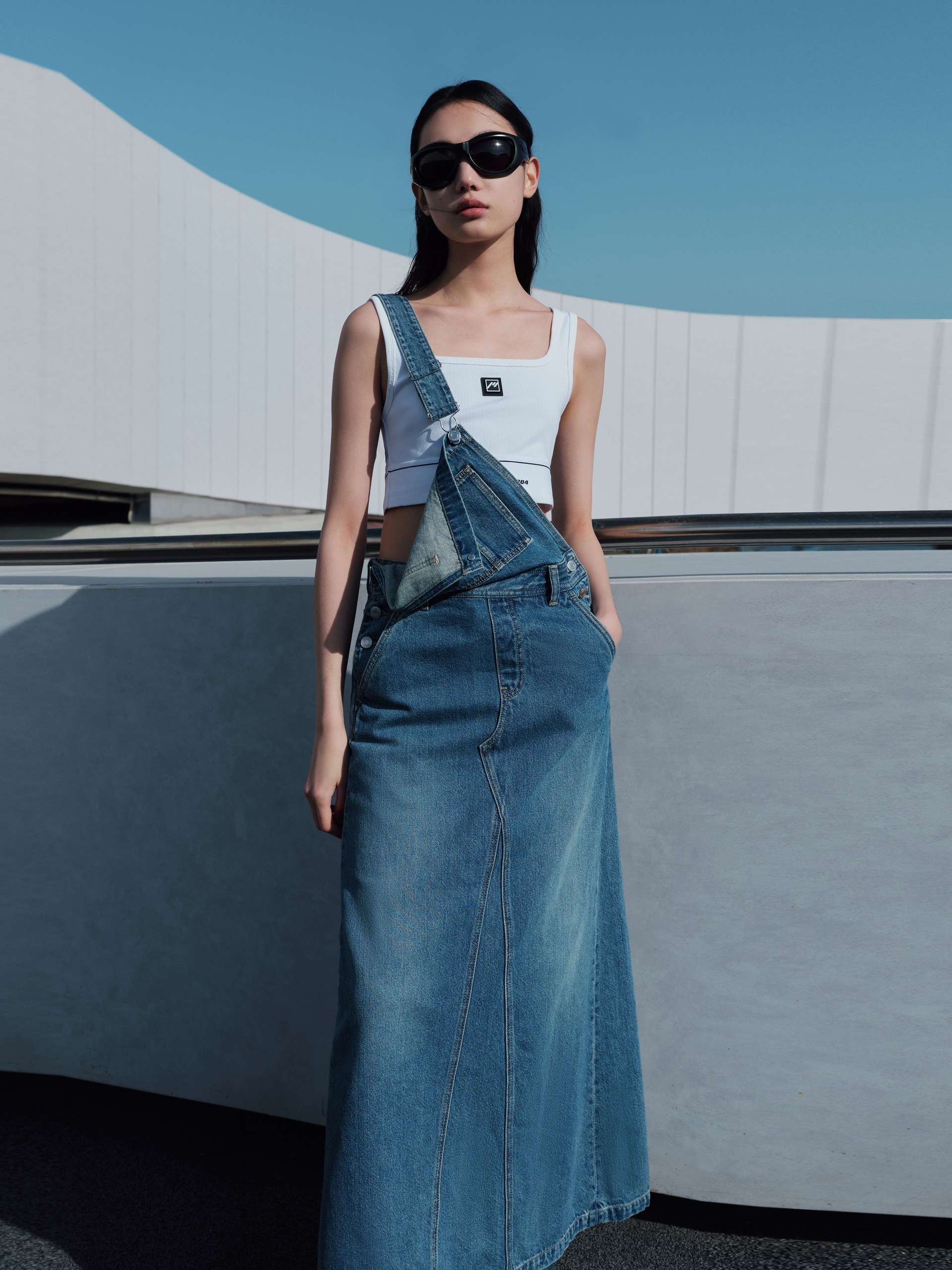 Back Slit Dress with Straps Denim Overall Skirt