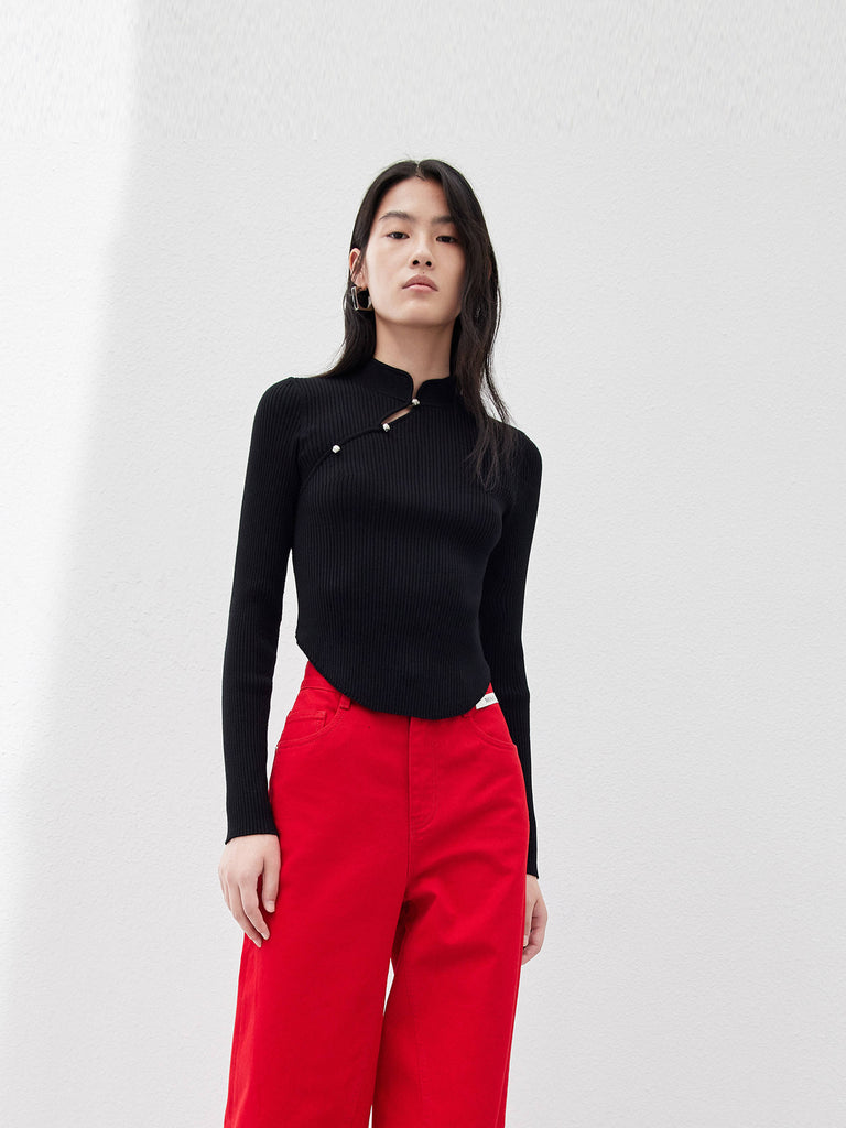 Black Cropped Ribbed Slim Fit Knit Top