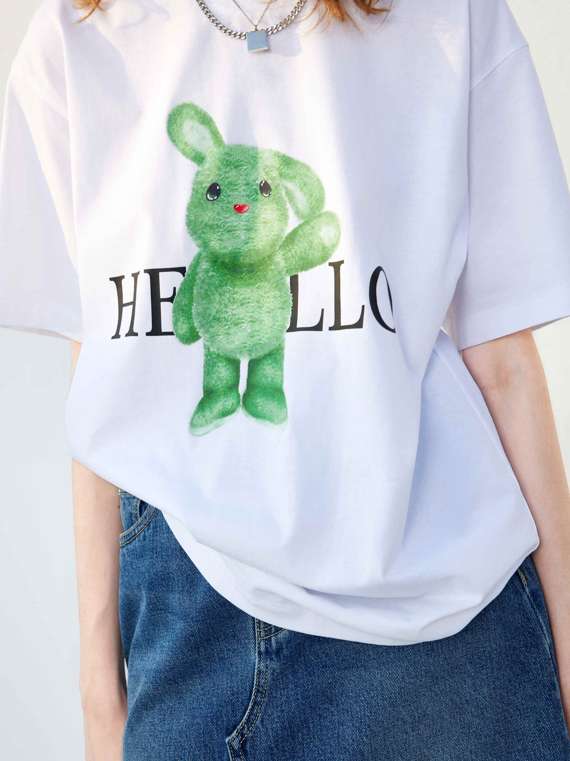 Short Sleeves Rabbit Pattern Cotton Relaxed Fit Causal T-shirt in White