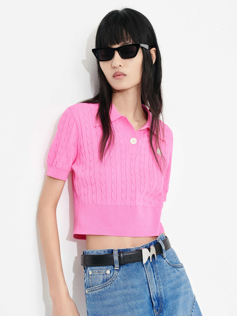MO&Co. Women's Cable Knit Cropped Top Polo in Pink
