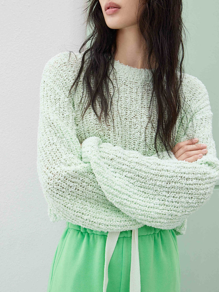 Women's Textured Yarn Round Neck Mint Crop Sweater