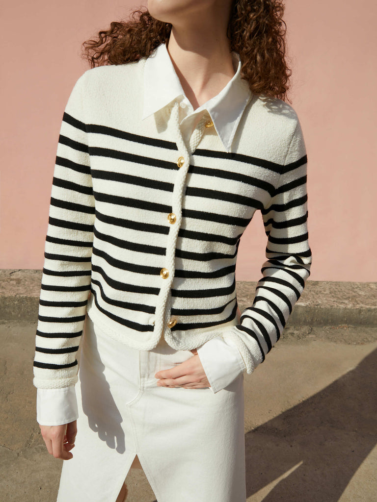 Crop Knitted Chic Striped Cardigan in Black and Beige