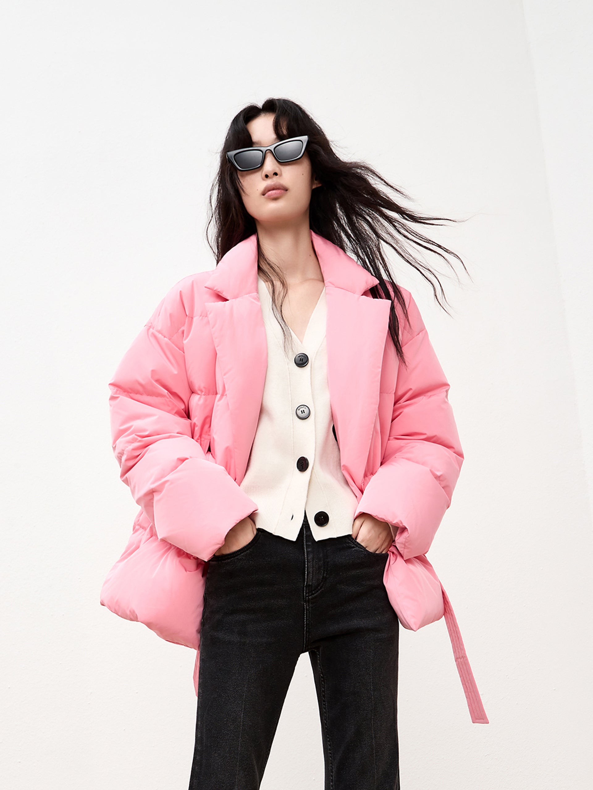 Pink Lapel Collar Puffer Down Jacket with Belt