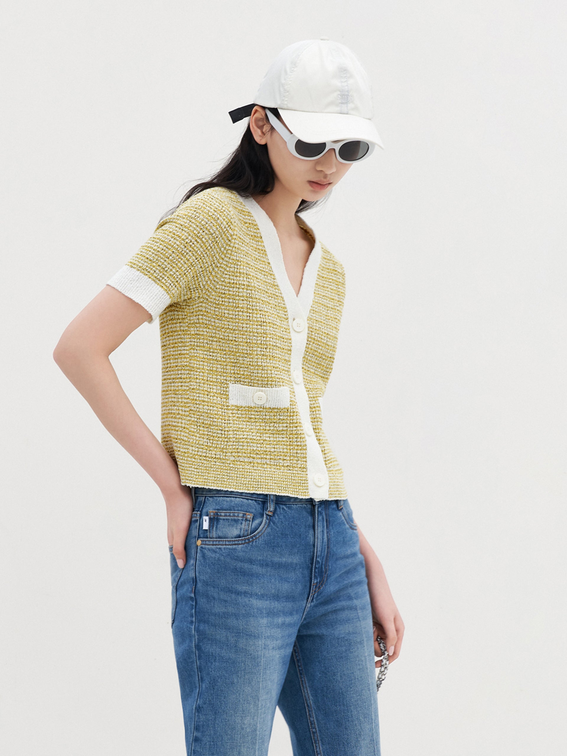 MO&Co. Women's Contrast Short Sleeves Knitted Cardigan for Spring Summer Casual in Textured Yellow and White