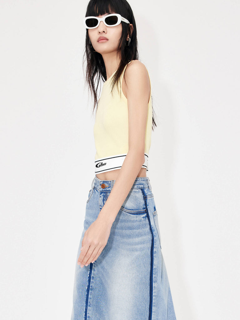 Women's Ribbed Contrast Hem Cropped Tank Top in Yellow