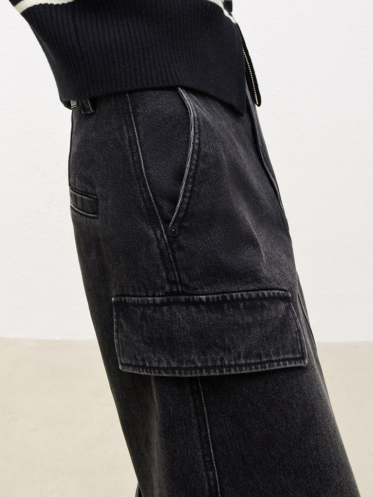 Denim Frayed Maxi Skirt with side pockets