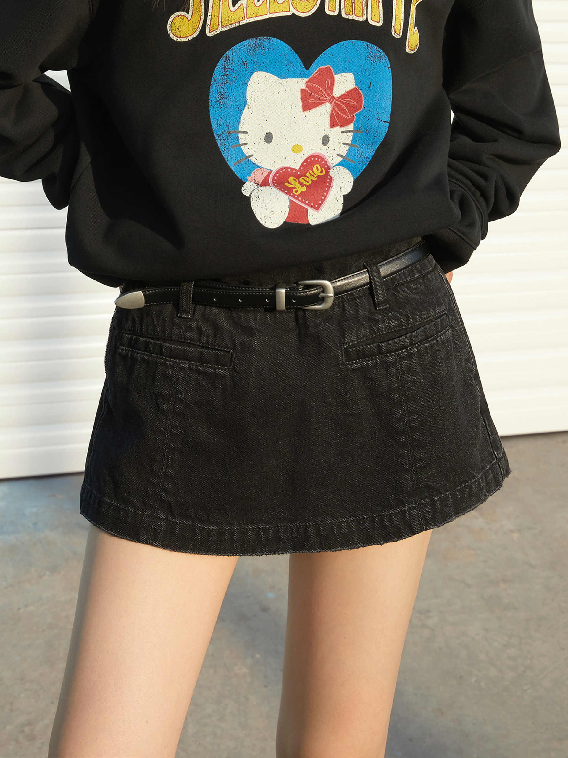 Cotton Black Denim Mini Shorts with Belt