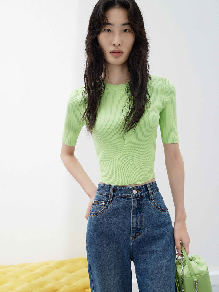 Women's Round Neckline Cross Slim-fitting Knitted Top in Green