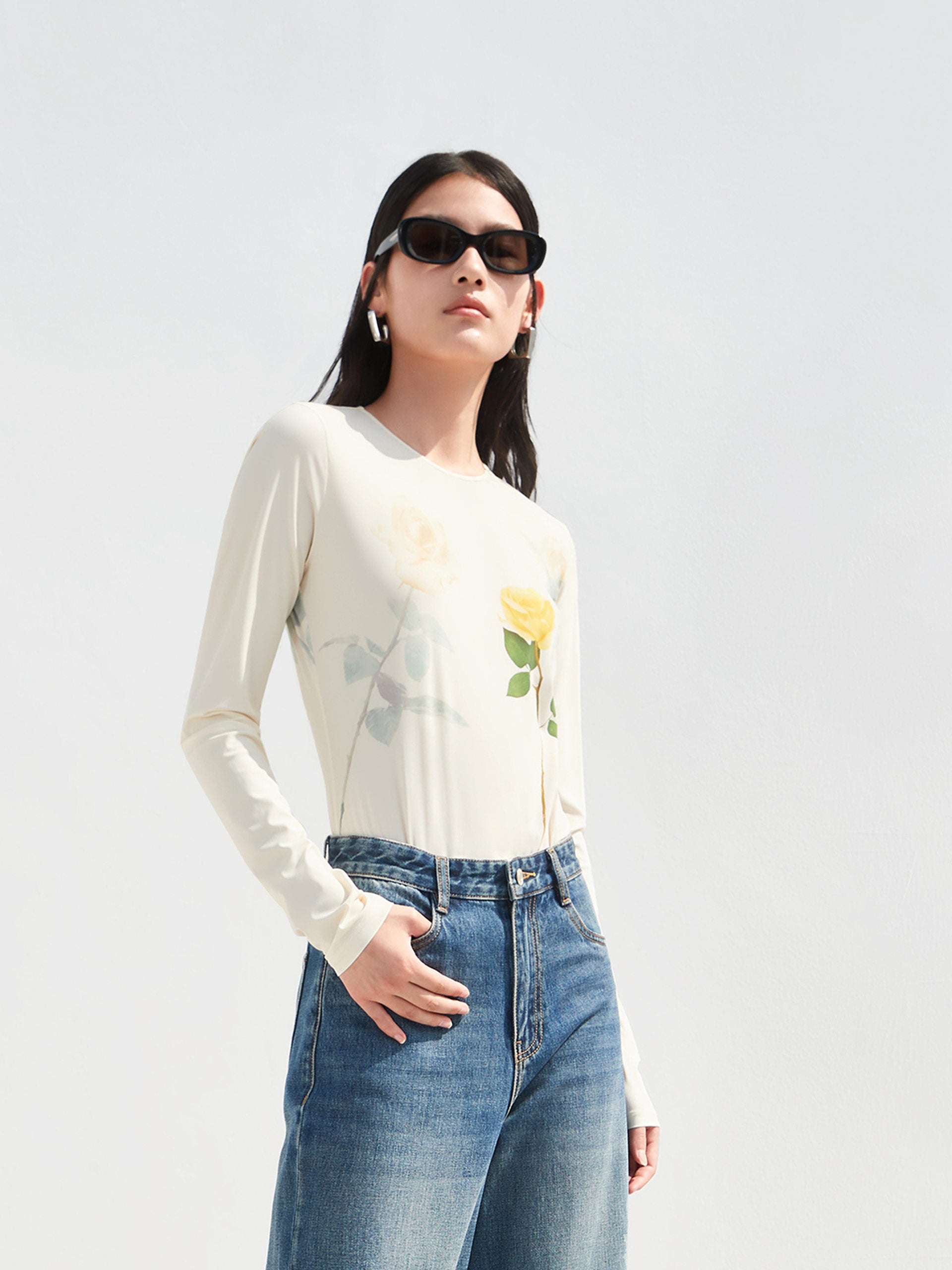 Beige Crewneck Flower Pattern Print Long Sleeves Bodysuit Top