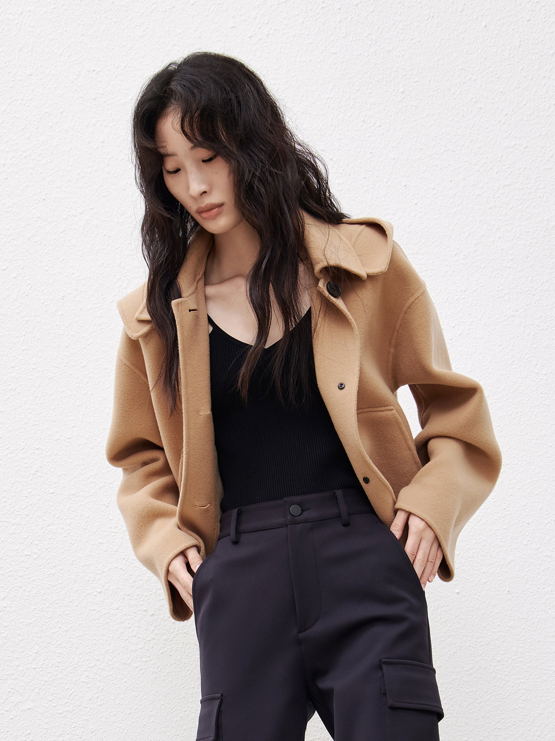 Camel Hooded Cropped Wool Coat